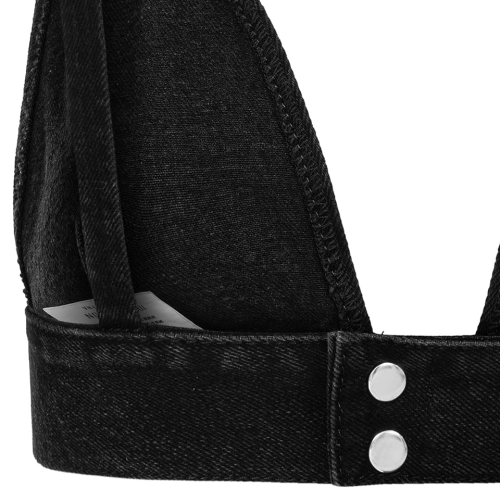 Detal czarnego topu jeansowego vintage – dopasowany denimowy top damski w stylu Y2K z wysokiej jakości czarnego denimu.