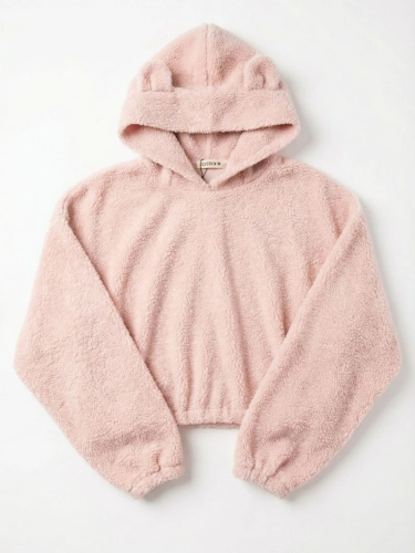 Pink Teddy Bear Hoodie Missdenim packshot, bluza damska w pastelowym różu z uszkami, miękki i przytulny materiał, uroczy teddy bear design, wygodna i modna, idealna do codziennych stylizacji i na prezent MODIVO