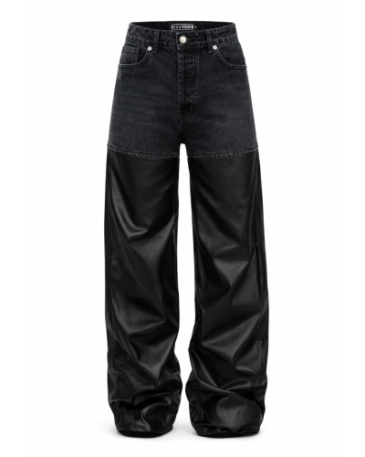 Detal logowania i wykończenia w spodniach Baggy Black Denim & Leather Jeans MISSDENIM.