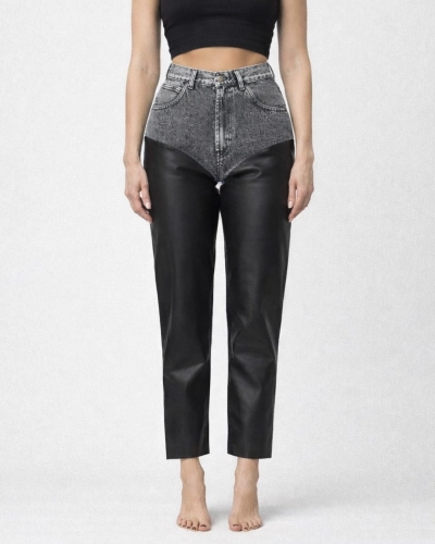 Damskie spodnie slim denim i eco-skóra MISSDENIM – tył