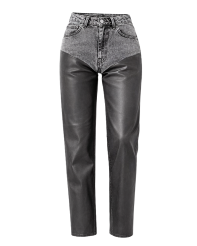 Spodnie damskie slim z wysokim stanem, wykonane z denimu w górnej części i czarnej eco-skóry w dolnej. Model Slim Marmo marki MISSDENIM – widok z przodu.
