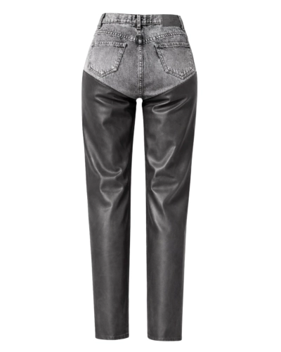 Damskie spodnie slim denim i eco-skóra MISSDENIM – tył detal