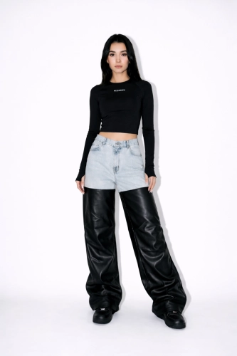 Damskie spodnie baggy denim i eco-skóra MISSDENIM Baggy Marmo, wysoki stan – przód