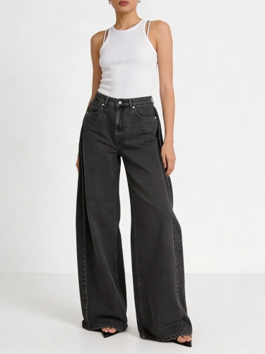 Grey Pleated Baggy Jeans