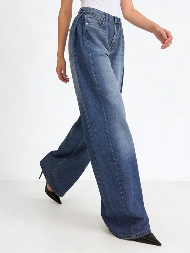 Blue Pleated Baggy Jeans