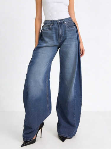 Blue Pleated Baggy Jeans