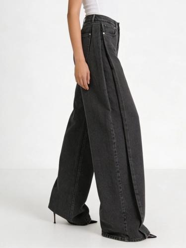 Grey Pleated Baggy Jeans