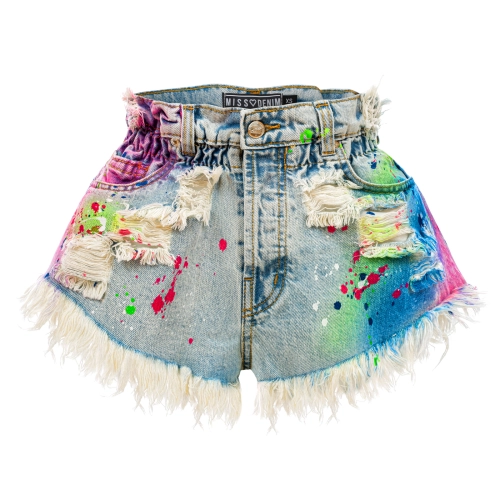 Damskie spodenki szorty jeansowe z wysokim stanem i gumą w talii kolorowe i nakrapiane, farbowany jeans