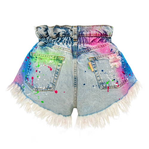 Damskie spodenki szorty jeansowe z wysokim stanem i gumą w talii kolorowe i nakrapiane, farbowany jeans, Missdenim