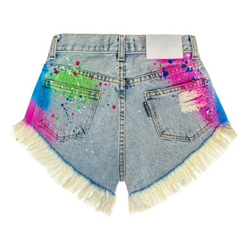 Rainbow Blue Shorts Missdenim tył, damskie niebieskie szorty, pastelowe spodenki na lato, wygodny krój, modne krótkie spodenki streetwear
