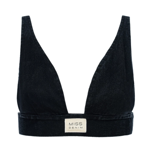 Czarny top jeansowy vintage w stylu bralette – krótki top denimowy damski z głębokim dekoltem, minimalistyczny czarny top z denimu.
